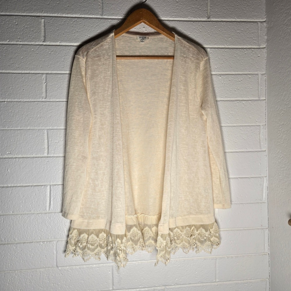 Umgee Womens Cardigan Cream Lace Trim Oversized Slub Knit Small Boho Angel